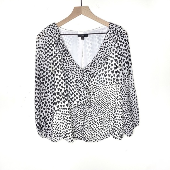 J. Crew Ruffle Heart Print Chiffon Blouse White Black S - Picture 3 of 10